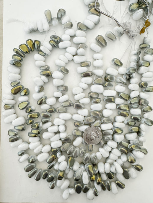 white metallic yellow AB gray swirl, vintage look glass, 15x13x7mm nugget pendant, 15