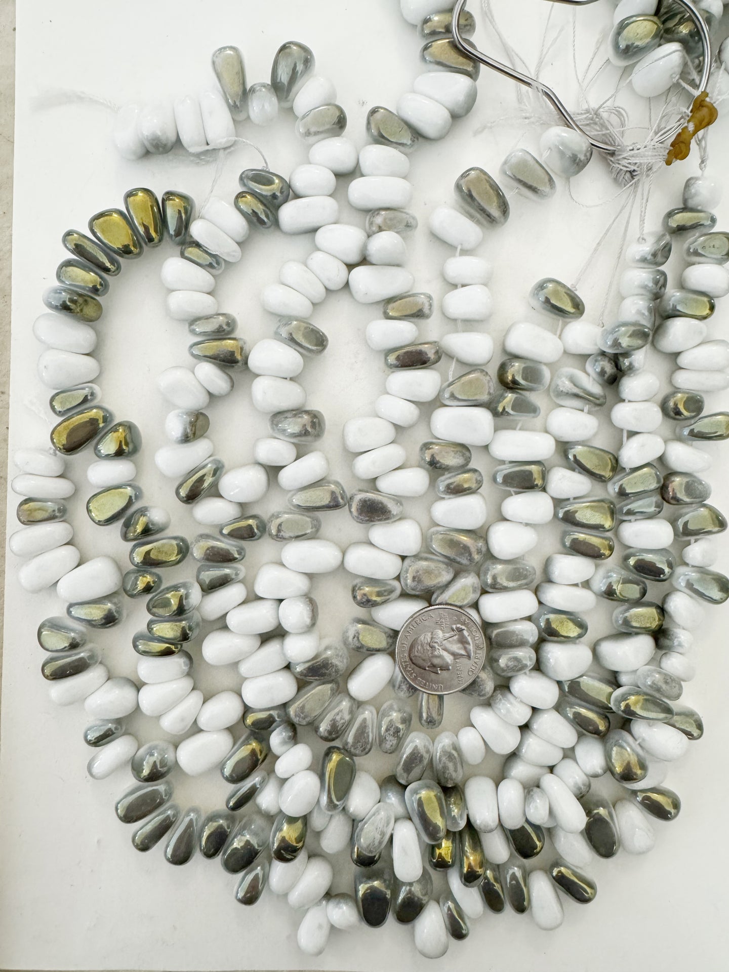 white metallic yellow AB gray swirl, vintage look glass, 15x13x7mm nugget pendant, 15