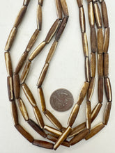 golden brown off white, lines motif, vintage stock bone, 24x6mm bowed tube, 15" strand, sold per strand (batch 3)