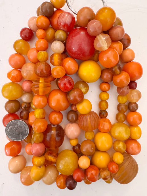 bright orange round bead mix, vintage look resin, 15