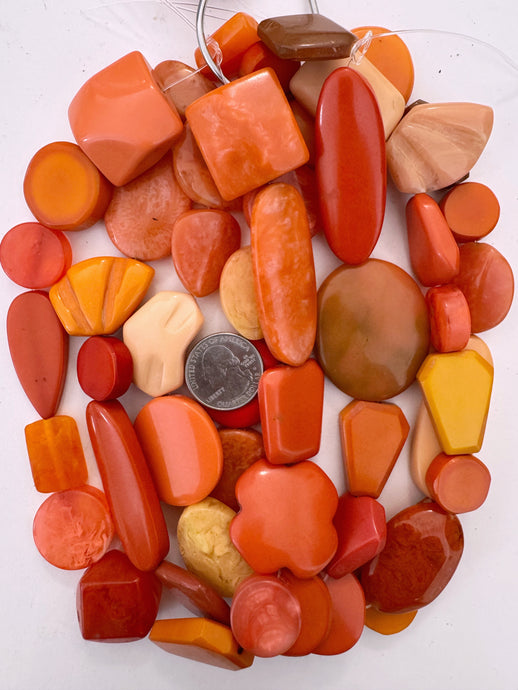 bright orange flat shape mix, vintage look resin, 15