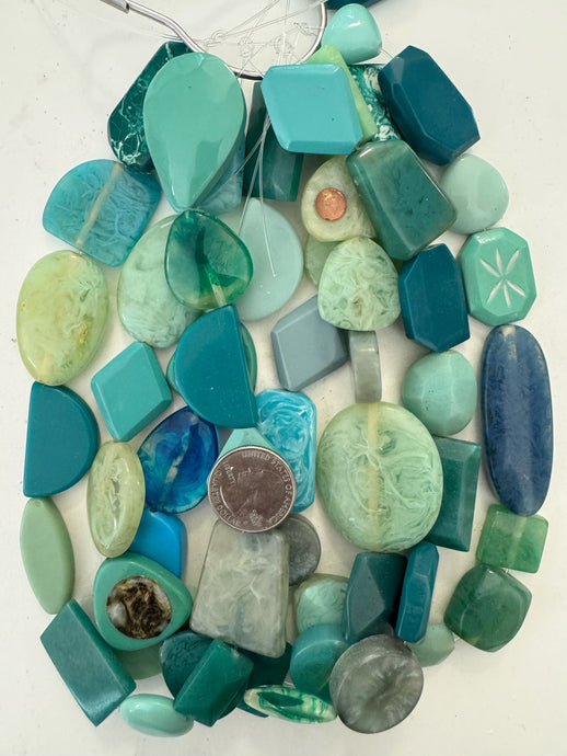 aqua blue flat shape mix, vintage look resin, 15