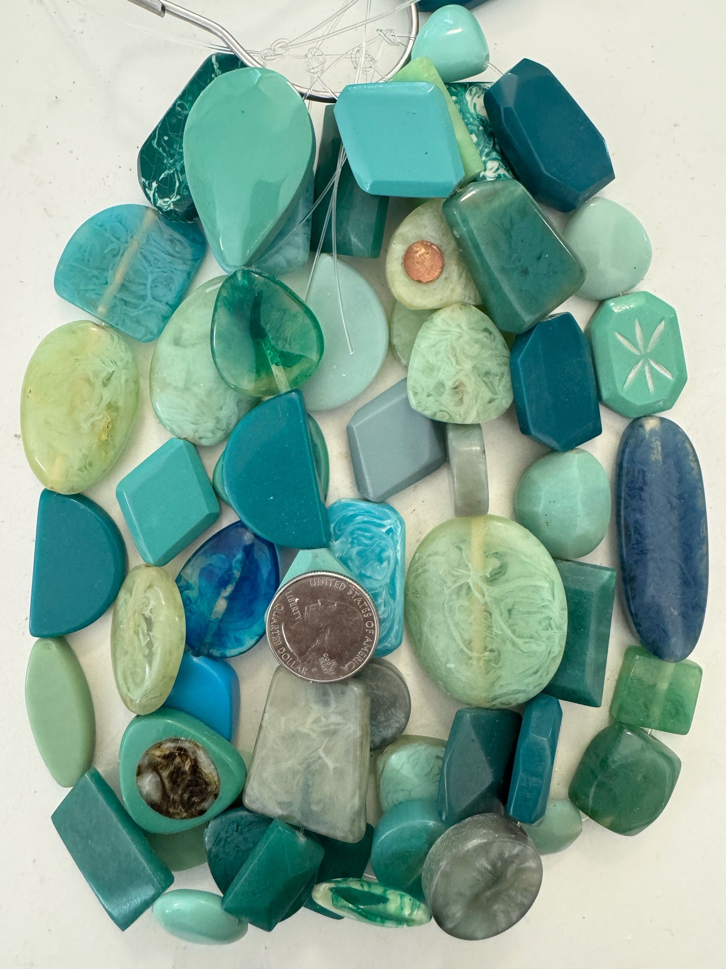 aqua blue flat shape mix, vintage look resin, 15