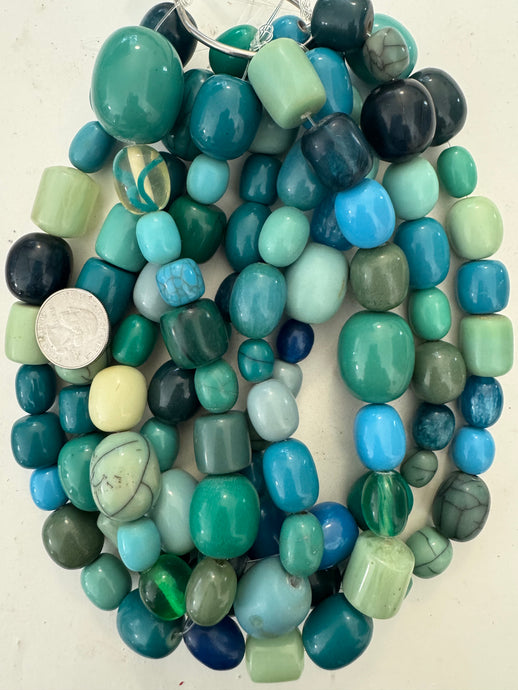 aqua blue barrel mix, vintage look resin, 15