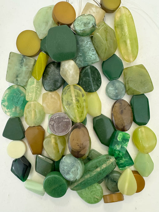bright green flat shape mix, vintage look resin, 15