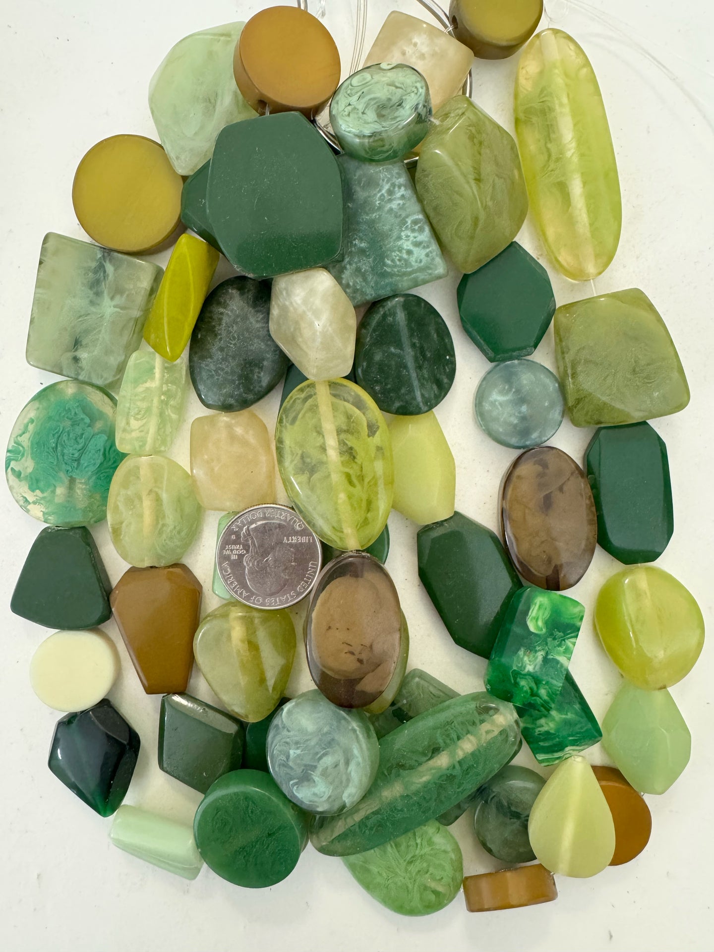 bright green flat shape mix, vintage look resin, 15