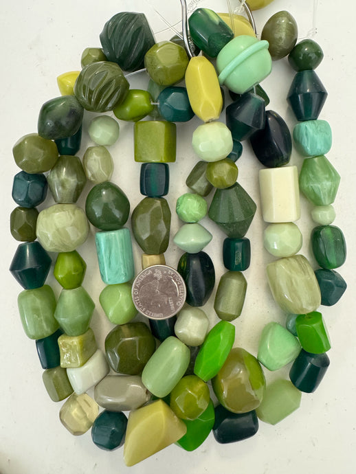 bright green carved shape mix, vintage look resin, 15