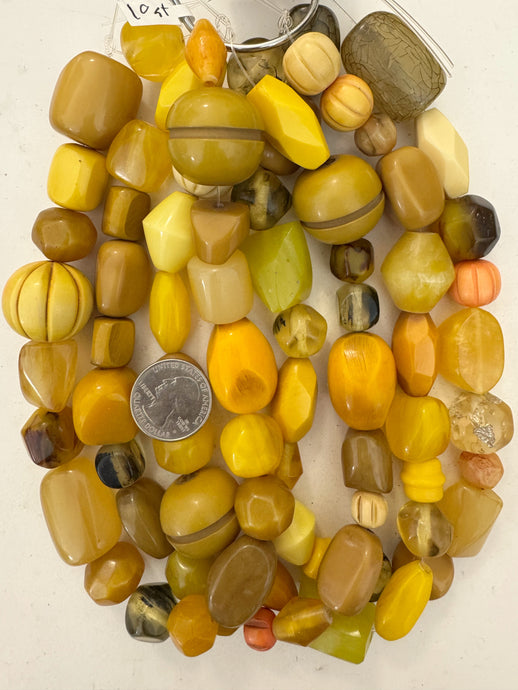 bright yellow carved shape mix, vintage look resin, 15