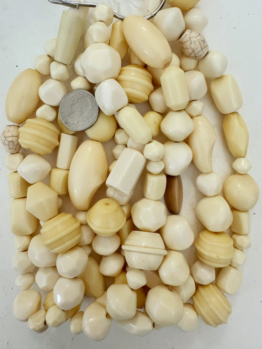 off white carved shape mix, faux bone, vintage look resin, 15