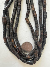 dark brown, carved lines motif, vintage stock bone, 14x8mm - 12x6mm barrel mix, 15" strand, SOLD PER STRAND