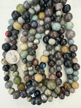pale purple mint black gray mix, vintage look resin, 9-16mm size mix round, 15" strand, sold per strand
