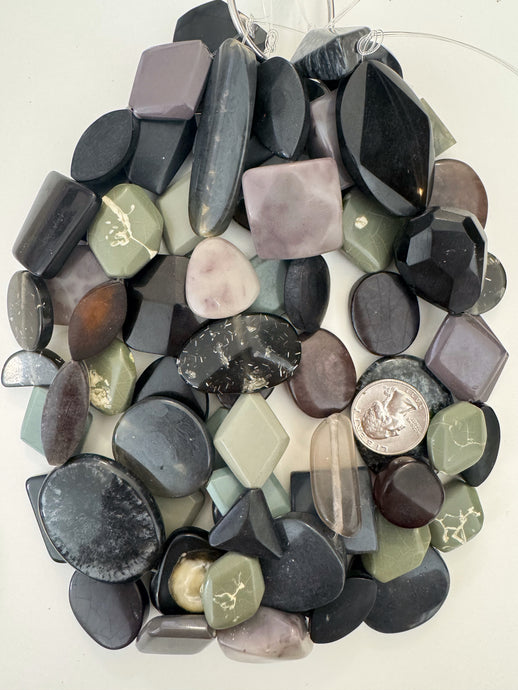 pale purple mint black gray flat shape mix, vintage look resin, 15