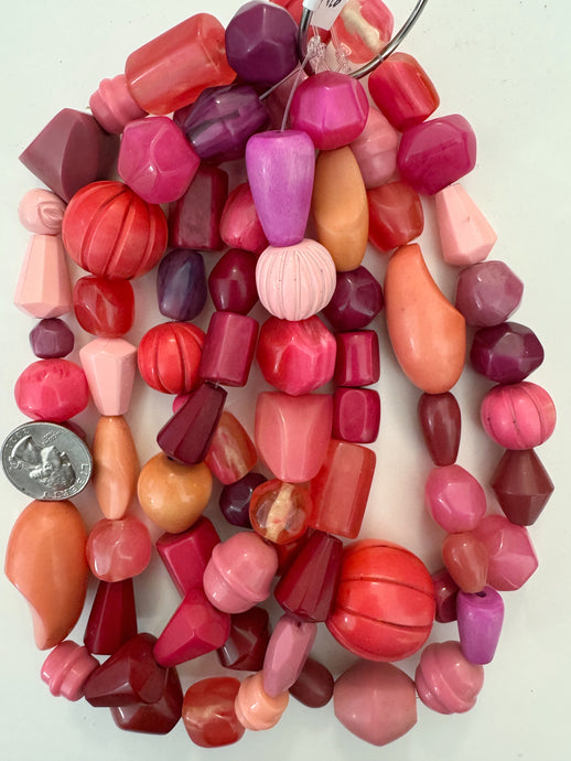 bright pink carved shape mix, vintage look resin, 15