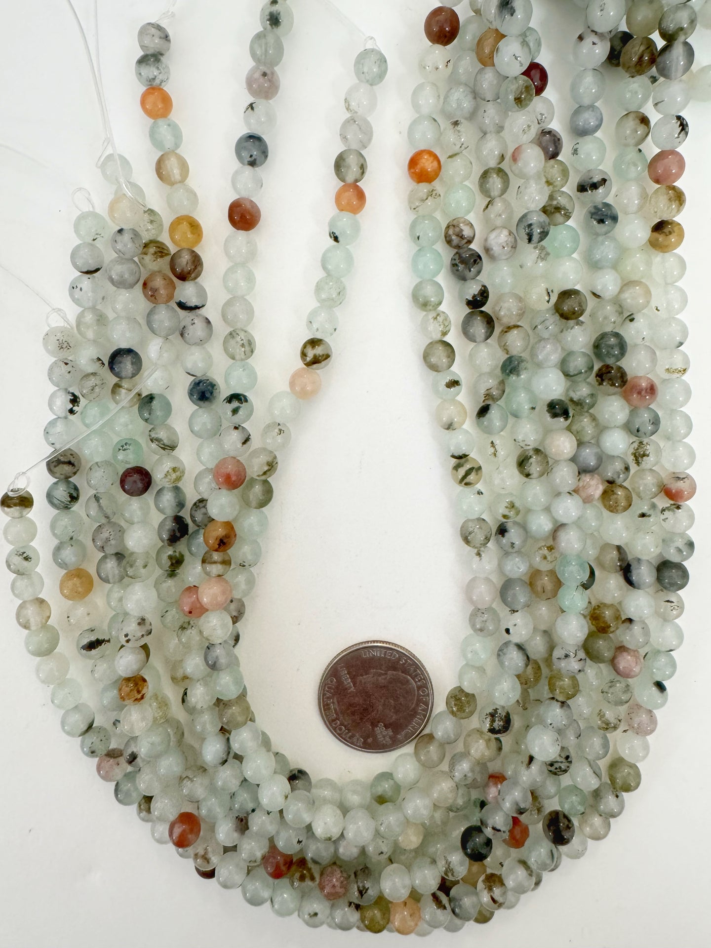 pale mint green black orange color enhanced quartz, 6mm round, 15