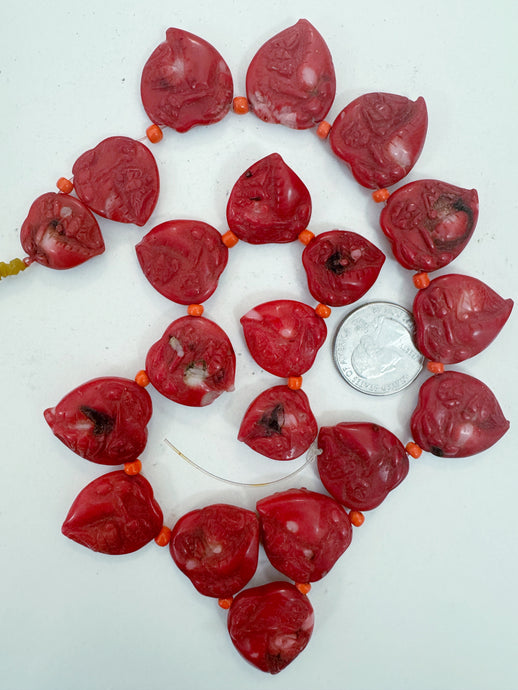 color enhanced ox blood coral, 19-25mm hand carved floral motif heart pendant, 15