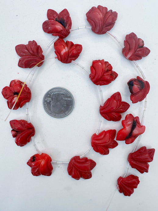 color enhanced ox blood coral, 20-25mm hand carved flower blossoms motif pendant, 15