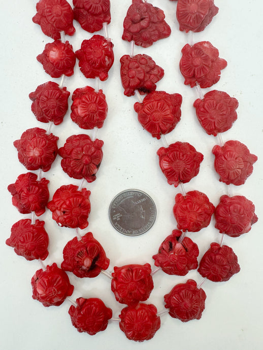 color enhanced ox blood coral, 18-22mm hand carved flower blossoms motif pendant, 15