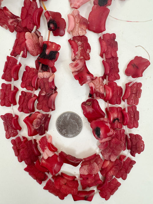 color enhanced ox blood coral, 19-22mm hand carved flower blossoms motif pendant, 15