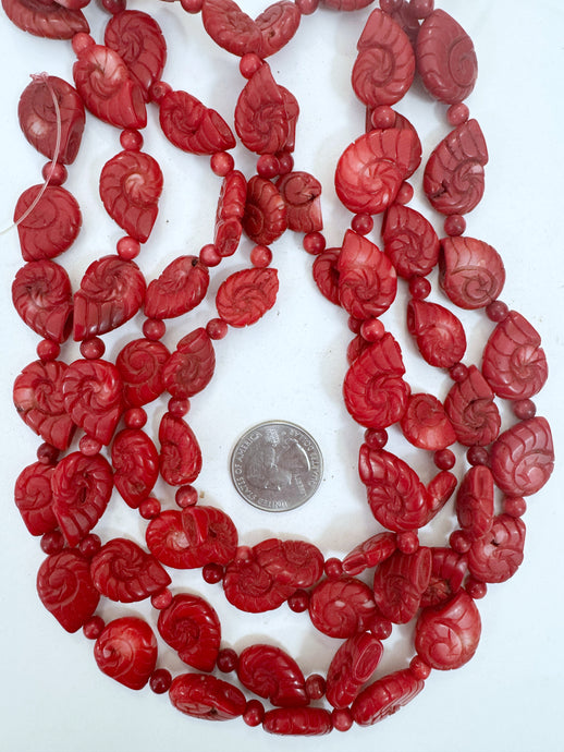 color enhanced ox blood coral, 20-23mm hand carved nautilus shell motif, 15