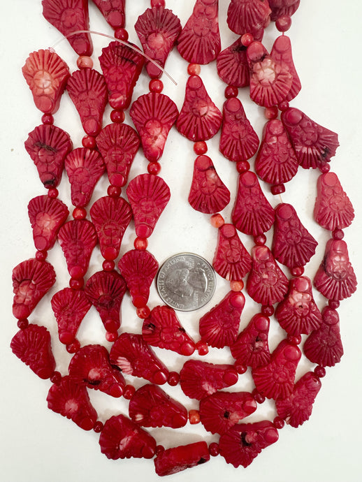 color enhanced ox blood coral, 22-28mm hand carved fan floral motif, 15