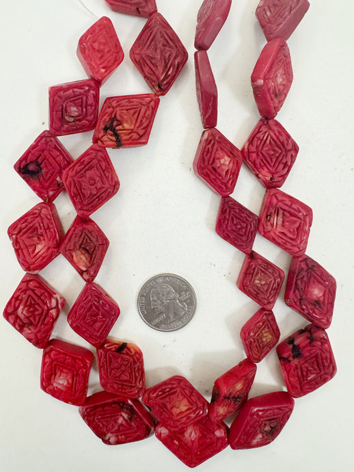 color enhanced ox blood coral, 22-33mm hand carved floral motif diamond, 15