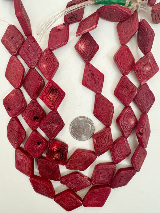 color enhanced ox blood coral, 22-33mm hand carved floral motif diamond, 15