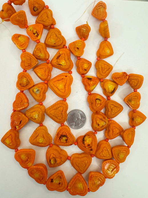 bright orange color enhanced coral, 18-27mm hand carved floral OK motif heart pendant, 15