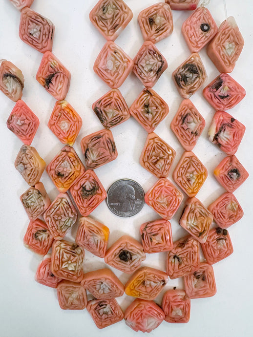 angel skin pink color enhanced coral, 22-31mm hand carved floral motif diamond, 15