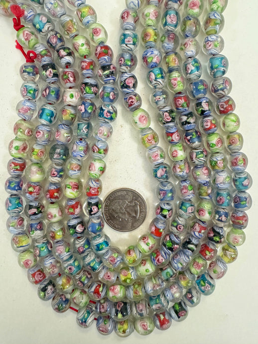 inside lined multi color, vintage look glass, 10x9mm barrel, 15