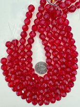 dark red, single color, vintage look glass, 12mm faceted round, 12" strand, sold per strand