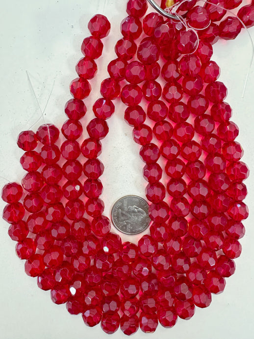 dark red, single color, vintage look glass, 12mm faceted round, 12