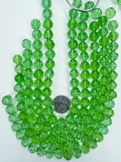 dark celery green, single color, vintage look glass, 12mm faceted round, 12