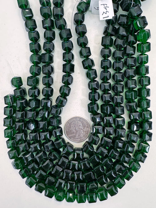 dark green, single color, vintage look glass, 10mm rounded cube, 13