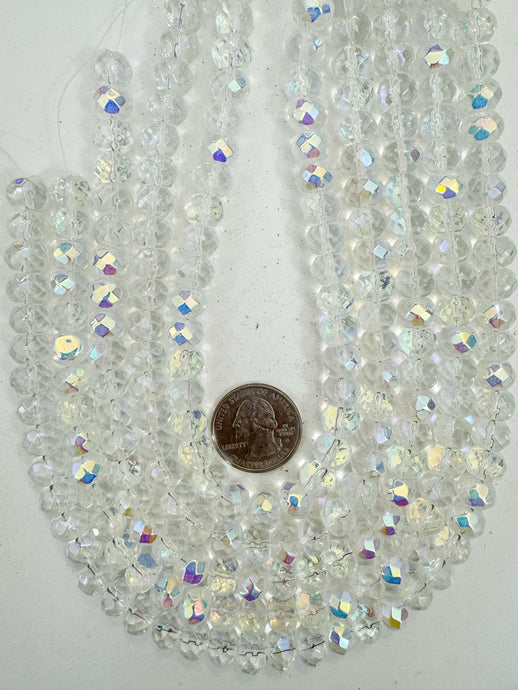 AB finish clear, single color, vintage look glass, 10x7mm faceted rondelle, 14