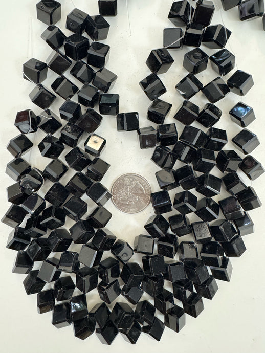 black, single color, vintage look glass, 10mm corner to corner drilled faceted cube, 13