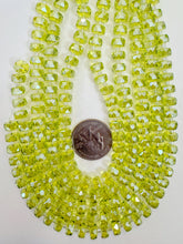 white flash coated lime green, fancy cut, vintage look glass, 8x5mm edge faceted heishi rondelle, 10" strand, sold per strand