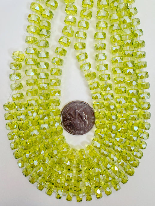 white flash coated lime green, fancy cut, vintage look glass, 8x5mm edge faceted heishi rondelle, 10