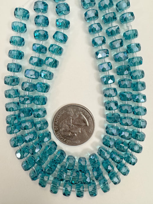 white flash coated dark electric blue, fancy cut, vintage look glass, 8x5mm edge faceted heishi rondelle, 10