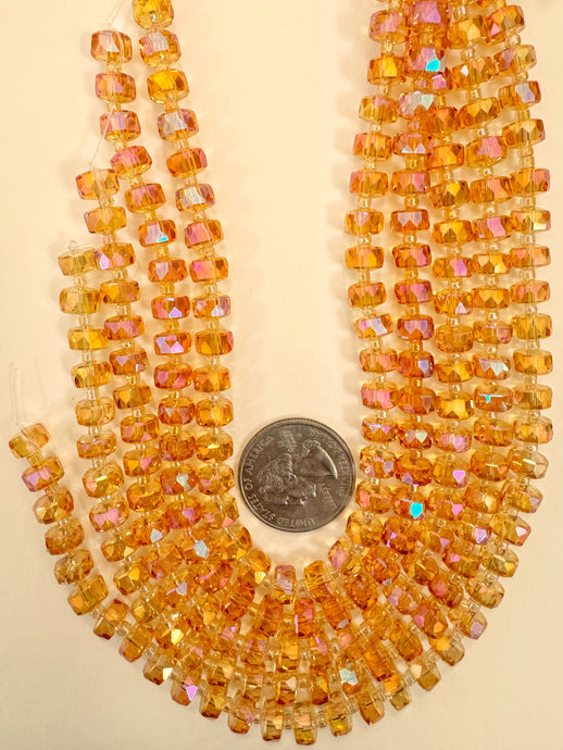 AB flash coated bright orange, fancy cut, vintage look glass, 8x5mm edge faceted heishi rondelle, 10