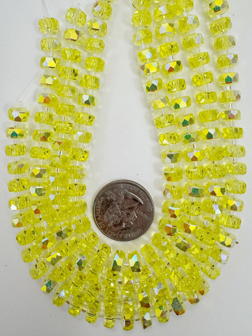 AB flash coated electric yellow, fancy cut, vintage look glass, 8x5mm edge faceted heishi rondelle, 10