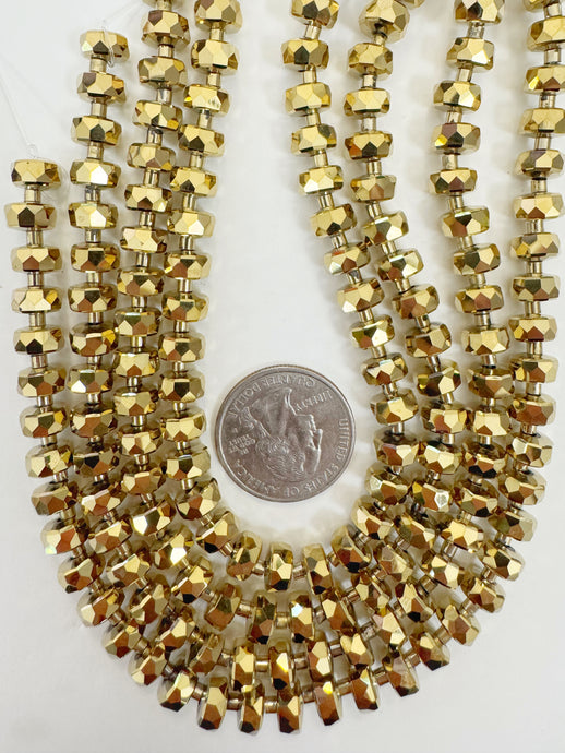 light bronze flash coated, fancy cut, vintage look glass, 8x5mm edge faceted heishi rondelle, 10