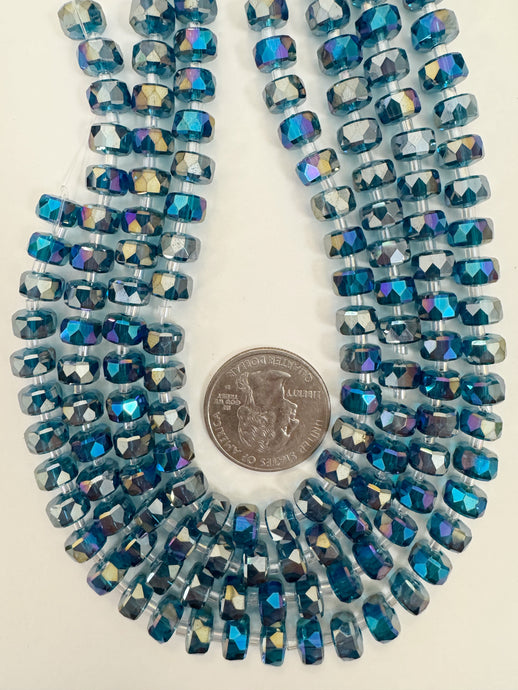 AB flash coated very dark electric blue, fancy cut, vintage look glass, 8x5mm edge faceted heishi rondelle, 10