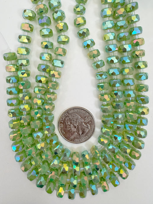 AB flash coated dark pastel green, fancy cut, vintage look glass, 8x5mm edge faceted heishi rondelle, 10