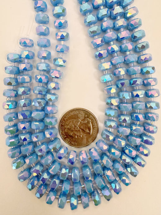 AB flash coated dark pastel periwinkle blue, fancy cut, vintage look glass, 8x5mm edge faceted heishi rondelle, 10