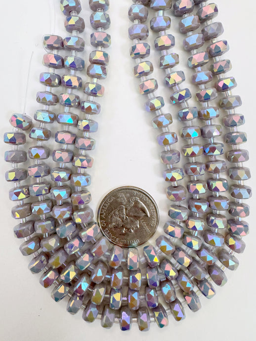 AB flash coated dark pastel red lavender purple, fancy cut, vintage look glass, 8x5mm edge faceted heishi rondelle, 10