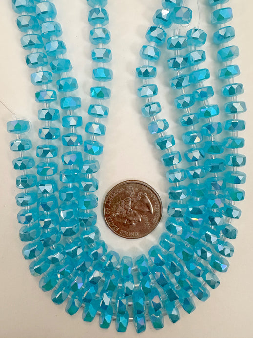 AB flash coated dark pastel bright blue, fancy cut, vintage look glass, 8x5mm edge faceted heishi rondelle, 10