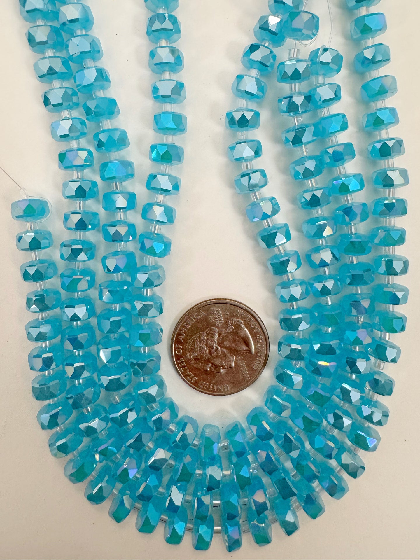 AB flash coated dark pastel bright blue, fancy cut, vintage look glass, 8x5mm edge faceted heishi rondelle, 10