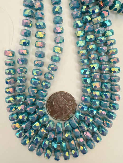 AB flash coated dark pastel dark blue, fancy cut, vintage look glass, 8x5mm edge faceted heishi rondelle, 10