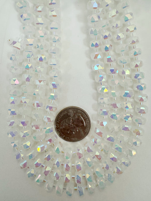 AB flash coated pastel white, fancy cut, vintage look glass, 8x5mm edge faceted heishi rondelle, 10