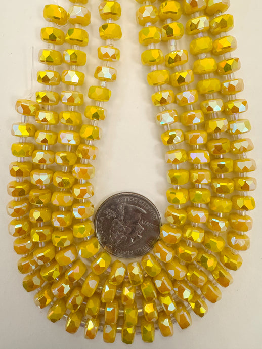 AB flash coated pastel bright red mustard yellow, fancy cut, vintage look glass, 8x5mm edge faceted heishi rondelle, 10